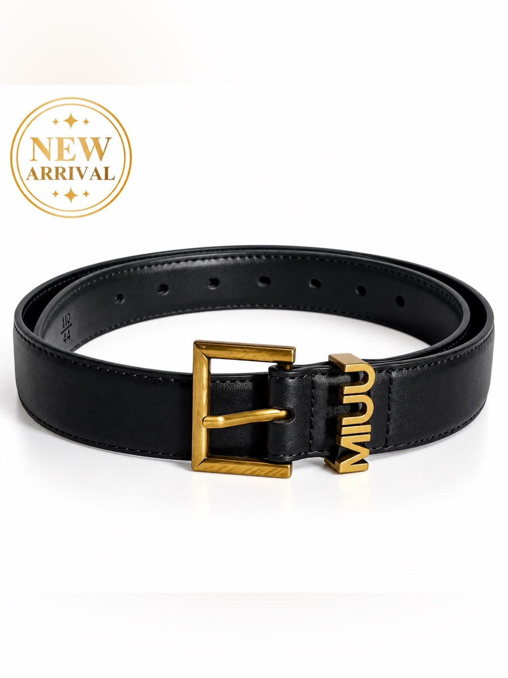 🖤 Women’s Black Leather Belt with Gold-Tone Logo Buckle 🖤